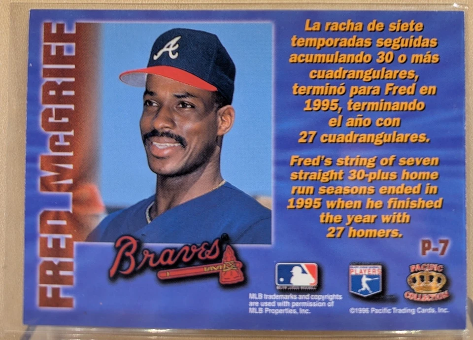 1996 Pacific PRISMS GOLD #7 Fred McGriff Braves RARE ETCHED FOIL PARALLEL - Image 2 of 2
