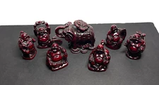 Feng Shui 3 Legged Money Frog On Elephant, 6 Lucky Buddha Figurines in Red Resin