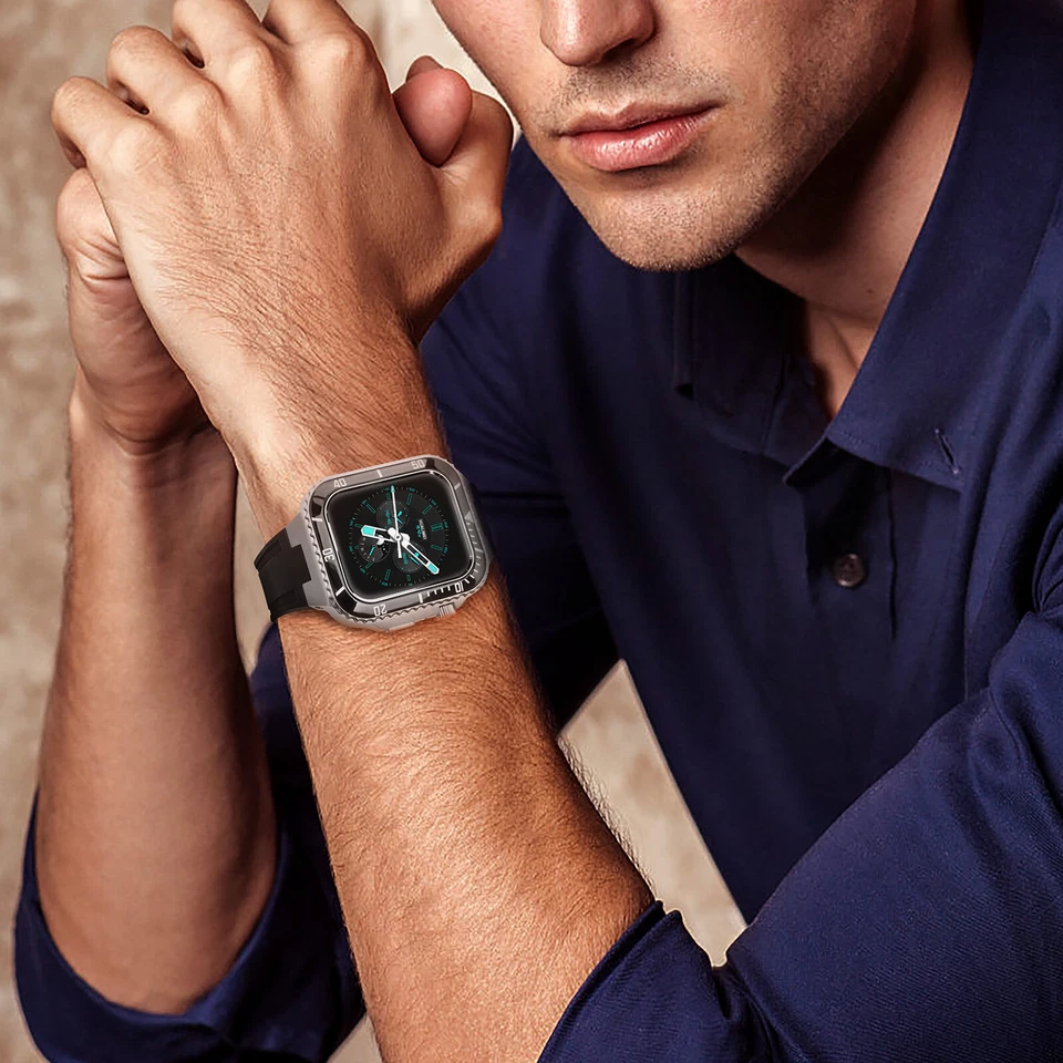 Caja cerámica bisel correa de acero para Apple Watch correa serie 9 8 7 6 5 4 44/45 mm Foto 4 de 4