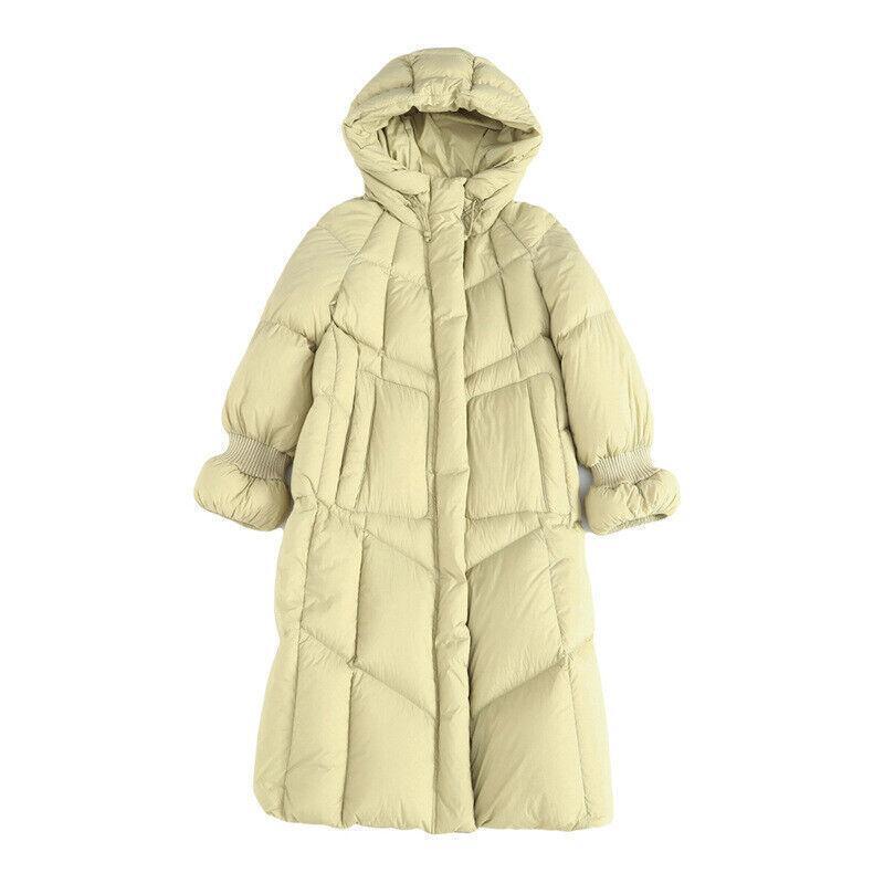 Women's Down Jacket Over-the-knee White Duck Down Mid-length Padded Waist Hooded Jacket