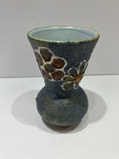 Studio Art Pottery Bud Vase Vintage Blue Flowers Hand Painted 4 1/2 Tall signed