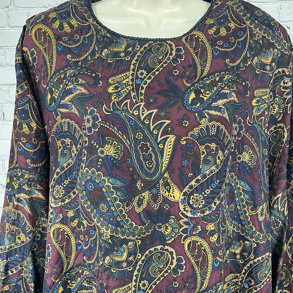 Valerie Stevens 佩斯利 100% 真丝轻便长袖束腰上衣,尺寸 24 — 第 4/4 张图片