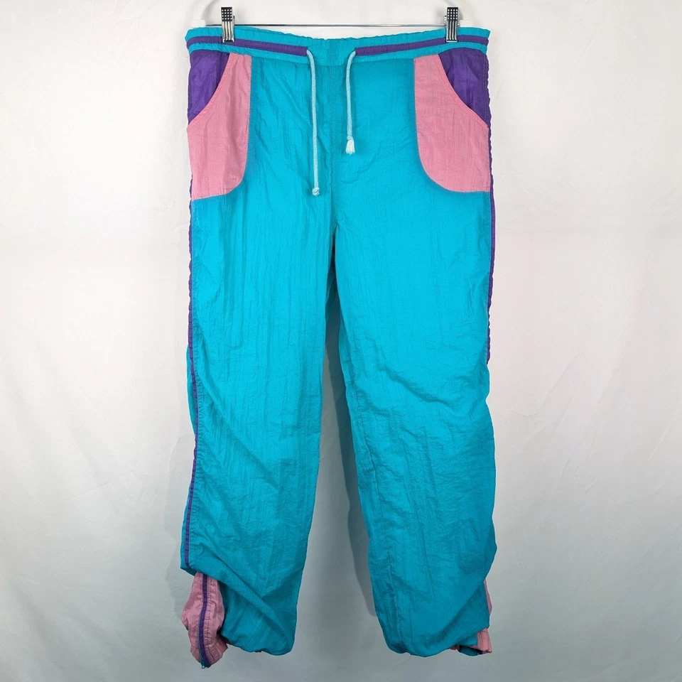 Pantalones de chándal de nailon vintage de los 80 rosa azulado púrpura bloque de color 16 XL para mujer Foto 2 de 4