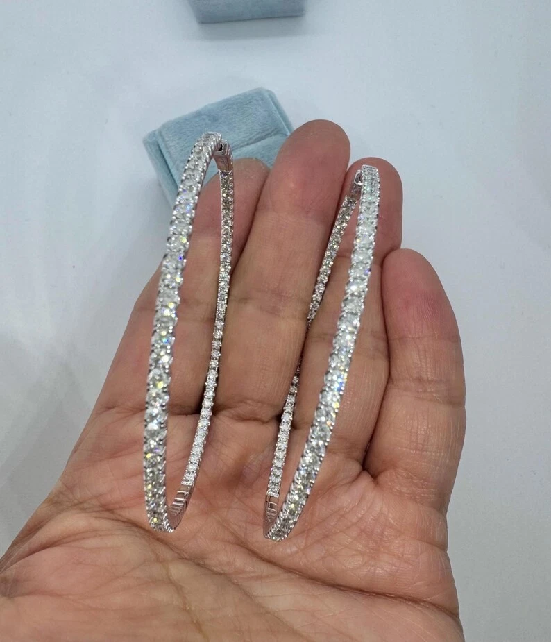 5.50Ct Round Cut Moissanite 2.5” Inside Out Hoop Earrings 14K White Gold Plated - Image 4 of 4