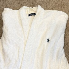 Vtg Polo Ralph Lauren Robe OS White Terry Cloth Cotton Belted Pockets Blue Pony