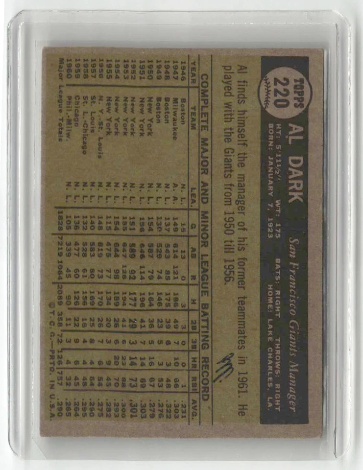 1961 Topps #220 Al Dark EX - casi nuevo Foto 2 de 2