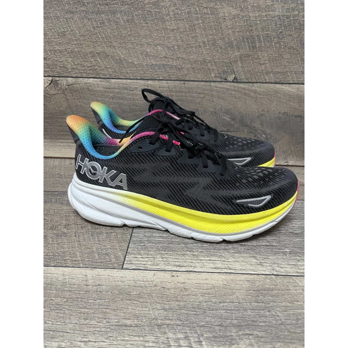 Hoka Clifton 9 Black Running Shoes with Yellow Midsole and Rainbow Lining Hoka MEN main image 2