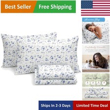 4-Piece Queen Sheet Set: Cooling Double-Brushed Microfiber - Blossoms Light Blue