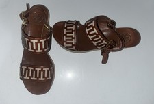 Tory burch Sandals regan burlap T logo platform wedge Leather US 7M Brown