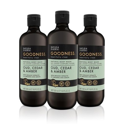 Baylis & Harding Goodness Oud, Zedern- und Bernstein-Duschgel, 500 ml (3 Stück)