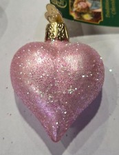 Single Glitter Heart Blown Glass Ornament by Old World Christmas Light Pink