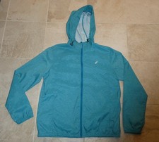 ASICS women's teal print full-zip hoodie windbreaker jacket Sz L