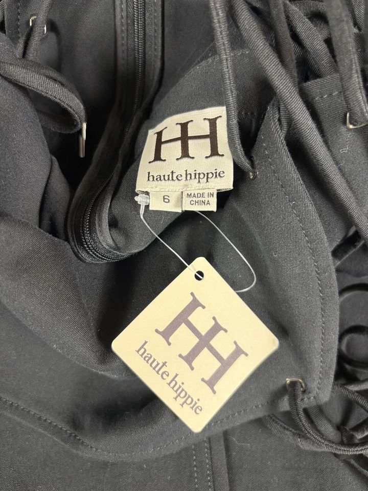 Haute Hippie Formal Jumpsuit Black 6 Wide Leg Lace Up Back Zip Sleeveless Strapp - Image 3 of 4