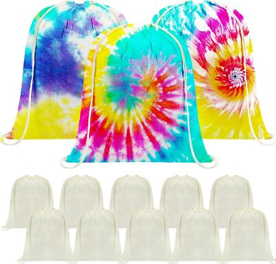 Tie Dye Cotton Drawstring Bags Tote Backpack Items to Beige 