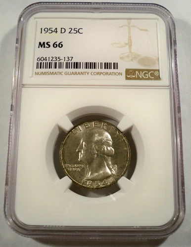 1954-D NGC MS66 WASHINGTON QUARTER SILVER NICE TONE NEAR THE RIM 25c MS 66