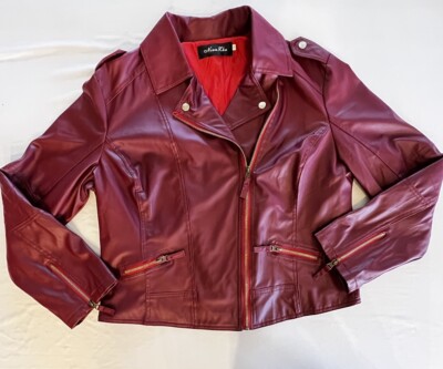 Nian Lhu Motorcycle Jacket Faux Red Leather With Embroidered Crane