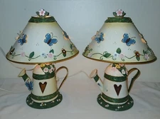Set Of 2 Vintage Ting Shen Butterfly & Flower Watering Can Lamps 13” "CUTE"