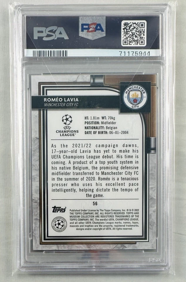 Romeo Lavia 2021-22 Topps Museum Collection UCL Ruby RC #/25 PSA 10 GEM POP 1 - Image 2 of 2