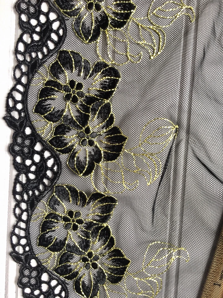 Черно-желтая вышитая кружевная отделка с черным тюлем/шитьем/рукоделием/ширина 7,5 дюйма - Изображение 2 из 4
