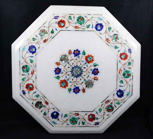 21  Marbre Blanc Table Top Artisanat Incrustation Demi-Précieuses