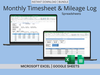 Monthly Timesheet & Mileage Log Spreadsheets (Blue) - Microsoft Excel/Sheets
