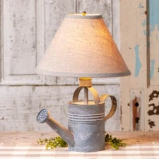 Watering Can Table Lamp with Ivory Linen Shade in Weathered Tin by Irvin's