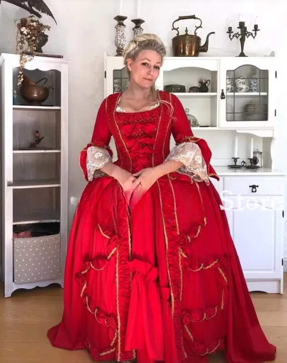 Gothic Victorian Wedding Gowns Red Satin Lace Pleated Corset Laced Medieval - Image 2 of 4