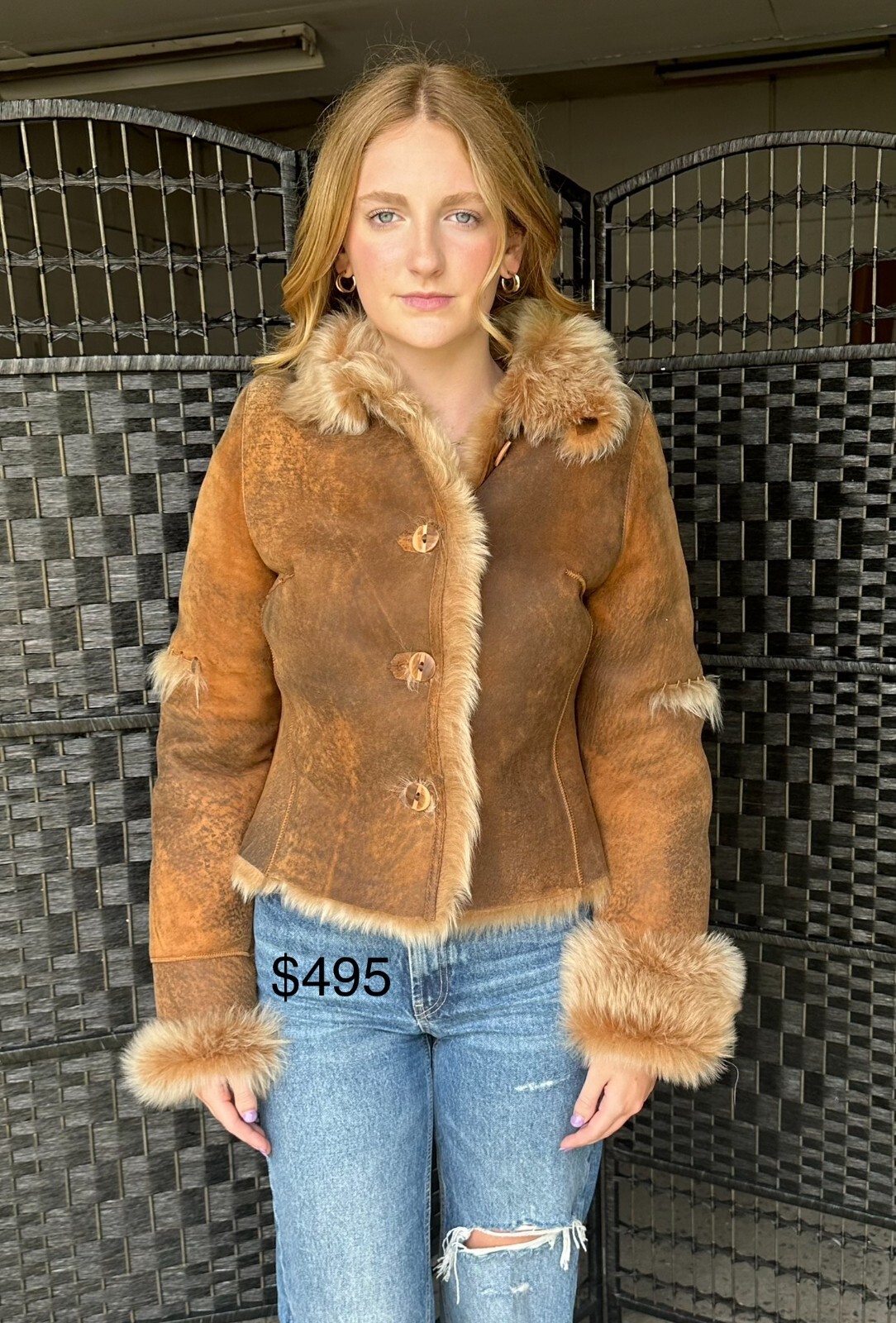 Button Front Brown Shearling Lamb Jacket w/ Tosca… - image 1