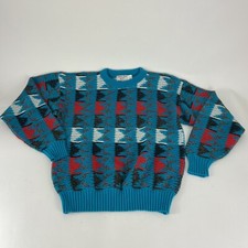 VTG College Point Sweater Large Teal Multi Color 80s/90  s USA Acrylic