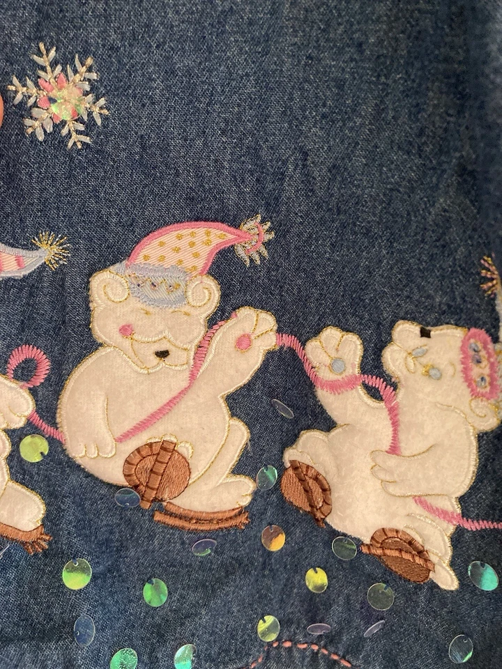 复古 Dressbarn 牛仔衬衫 1X 北极熊 Iceskate 冬季雪花假日 — 第 2/4 张图片