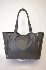 BLACK GOLD ZIPPERS FAUX LEATHER TOTE SHOPPER'S HANDBAG LARGE SIZE 