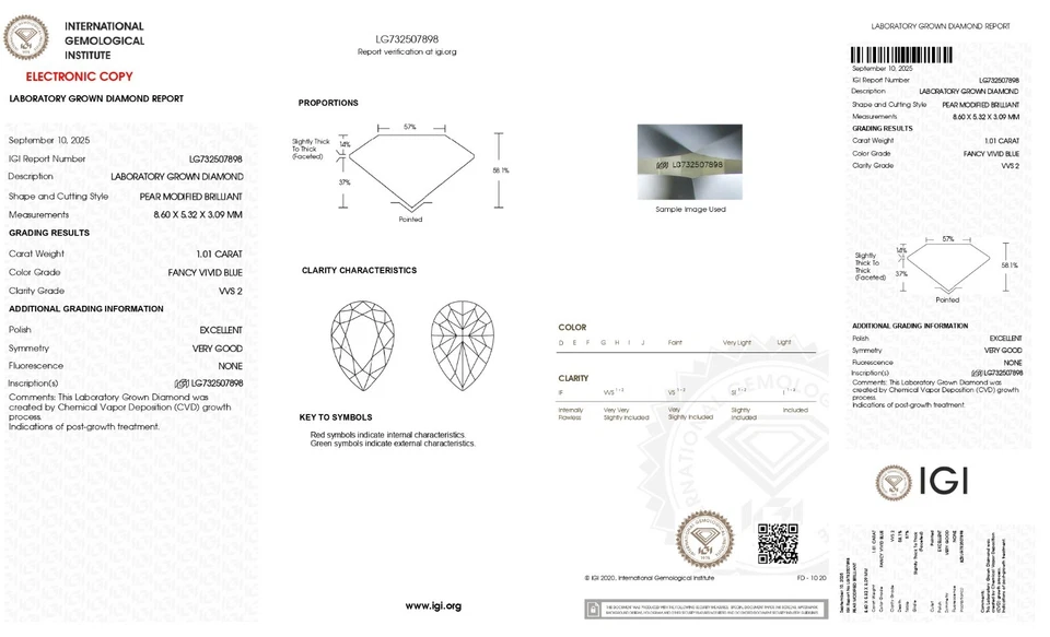 Pear 1.01ct Fancy Vivid  Blue CVD VVS2 IGI-Certified Loose Lab Grown Diamond - Image 2 of 3