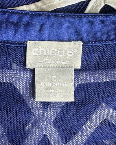 Chico's Blue & White Semi Sheer Ribbon Trim Jacket sz 2 (15466) - Picture 5 of 6