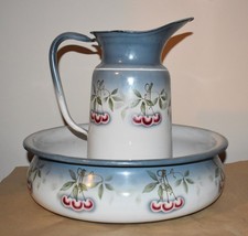Altes Waschgeschirr Emaille großer Krug Schüssel Kirschen Jugendstil