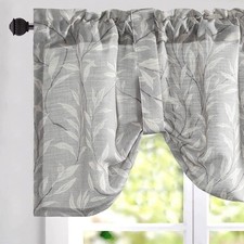 Gray Leaf Print Tie-Up Valance, Linen Textured, 52 x 18 Inches