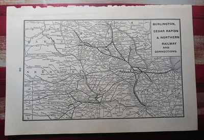 #ad 1901 RAILROAD MAP Burlington Cedar Rapids amp; Northern Railway all Train Routes $16.95