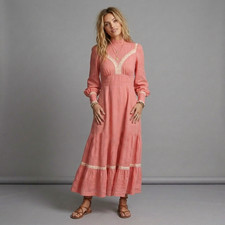 Vintage Prairie Cottagecore Maxi Dress XS 70s Mango Pink Boho Long Sleeve