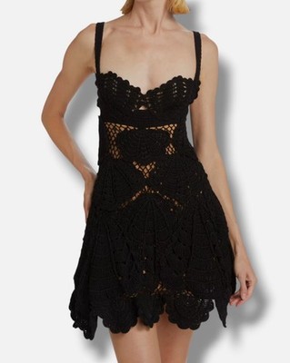 Oscar De La Renta Women's Black Shell Crochet Sweetheart Mini Dress Size XS