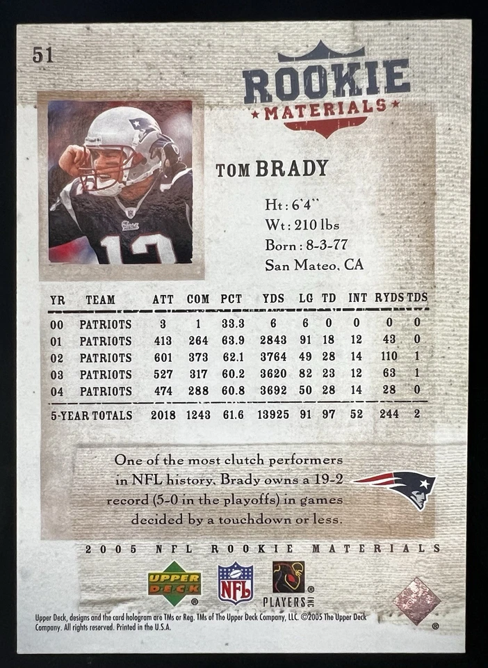 Tom Brady Auto 2005 Upper Deck Signed Rookie Materials #51 Patriots NFL Legend - Image 3 of 3