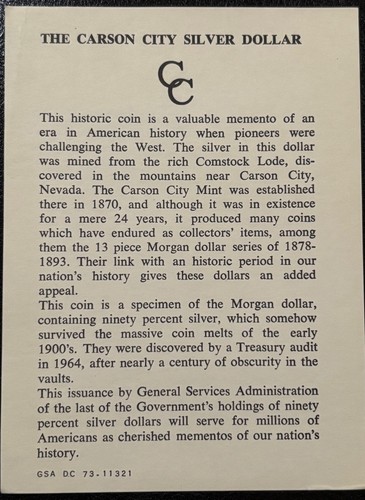 ONE (1) GSA COA Certificate-Description Card-NO COIN, NO BOX( #1092)