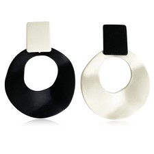 Unique Minimalist 70s 80s Vintage Metal Black White Round Circle Dangle Drop Ear