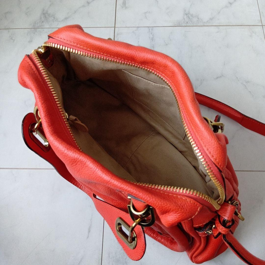 Chloe Paraty 2way Shoulder HandBag Orange Red Leather w/Card