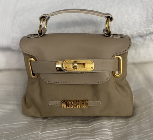 Moschino Chic 1990 Mini Kelly Bag Tan Leather & Nylon Detachable Crossbody Strap