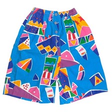 Vintage 80's Bright Funky Bold Abstract Pattern Beach Shorts Blue size Medium