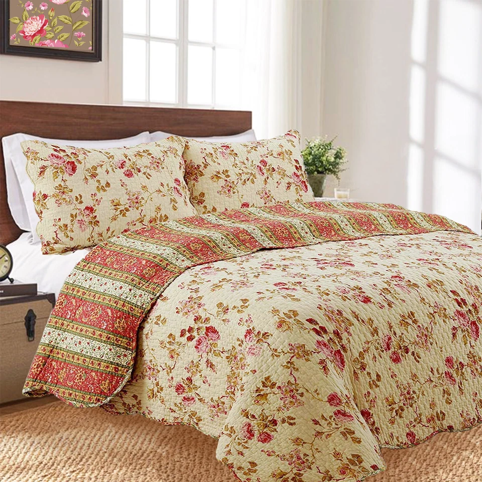 Vintage Rose Floral 100%Cotton 3-Piece Reversible Quilt Set, Bedspread, Coverlet - Image 4 of 4