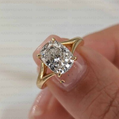 Elongated Cushion Cut Moissanite Split Shank Ring 14k Yellow Gold  Plated