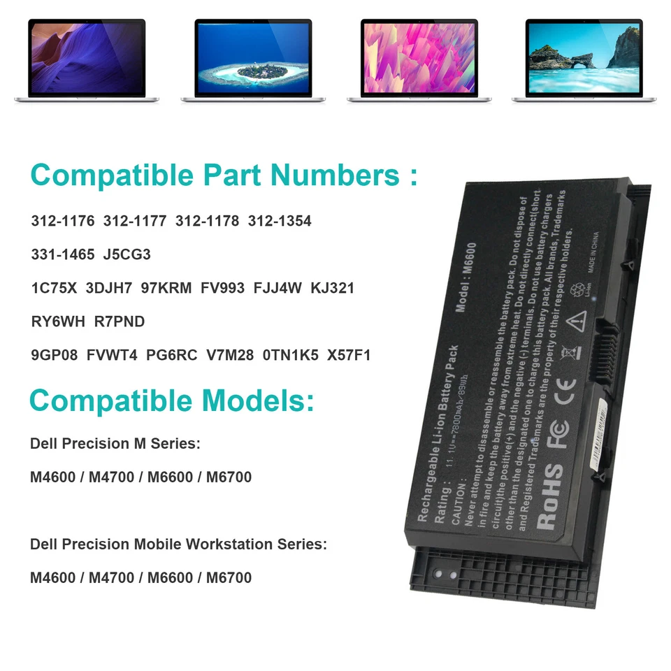 Batería para Dell Precision M4600 M4700 M4800 M6600 M6700 M50 FV993 FAST 7200mAh Foto 2 de 4