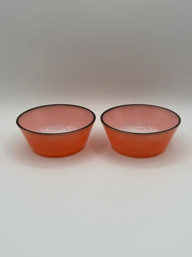 Vtg Anchor Hocking FIRE KING Cereal Snack Bowl Orange w Black Rim Set of 2