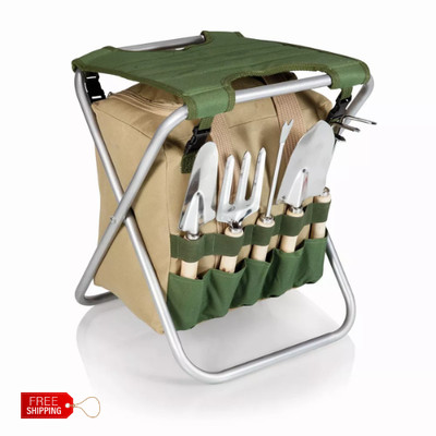 5pc Garden Tool Set with Tote And Folding Seat - Olive Green