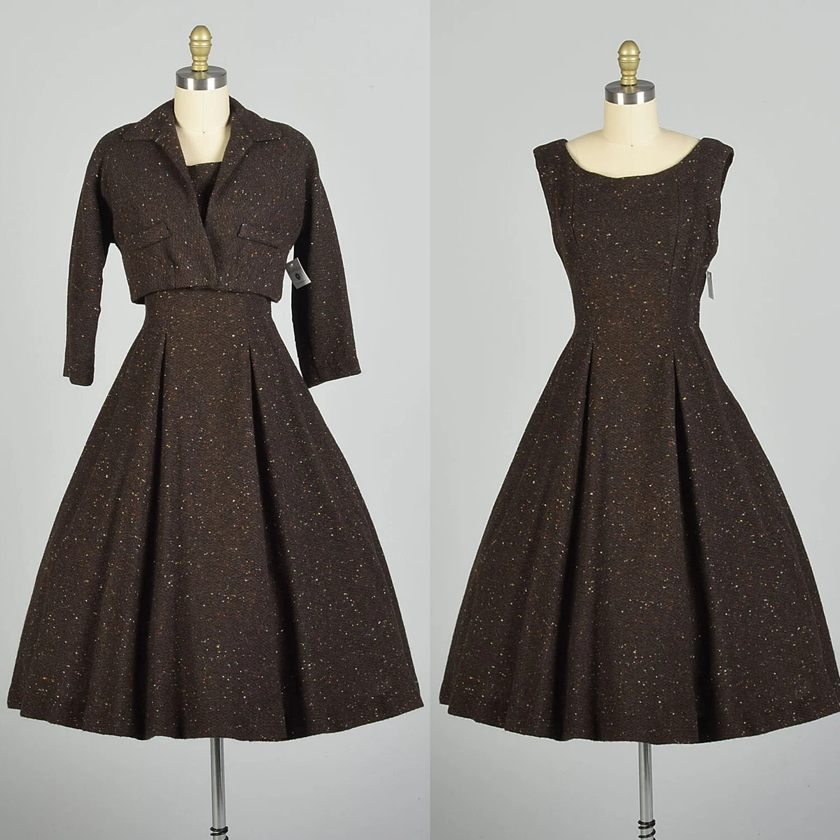 Small 1950s Rainbow Fleck Set Brown Wool Jacket Dress Winter Tweed Ensemble  VTG | eBay